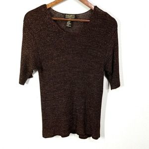 Suzelle Golden Shimmer Knit Sweater Silk Blend Womens Small Brown‎ Party Preppy